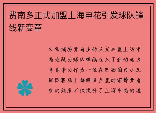 费南多正式加盟上海申花引发球队锋线新变革 费南多正式加盟上海申花引发球队锋线新变革