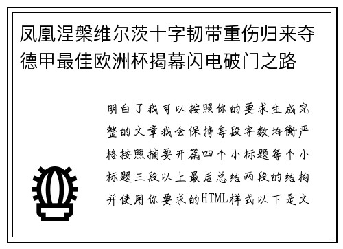 凤凰涅槃维尔茨十字韧带重伤归来夺德甲最佳欧洲杯揭幕闪电破门之路